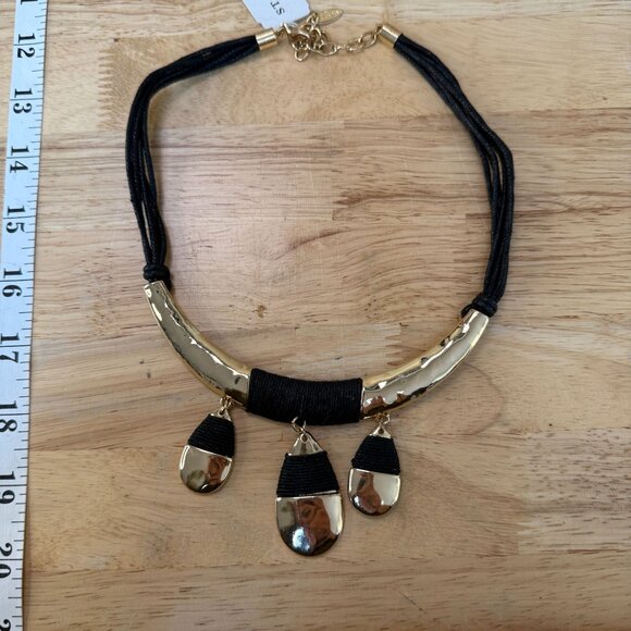 St. Thomas Gold & Black Pendant Necklace, Statement, Neutral, Chunky, Hammered - Picture 9 of 9